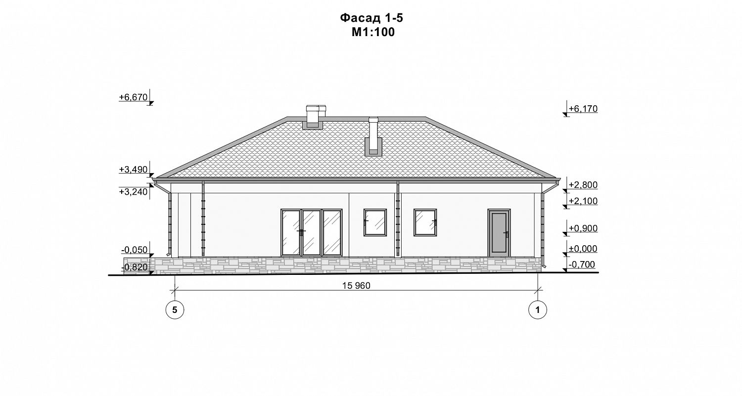 Дом одноэтажный с гаражом в современном стиле со скатной кровлей 162 кв.м. Размер: 15м х 16м